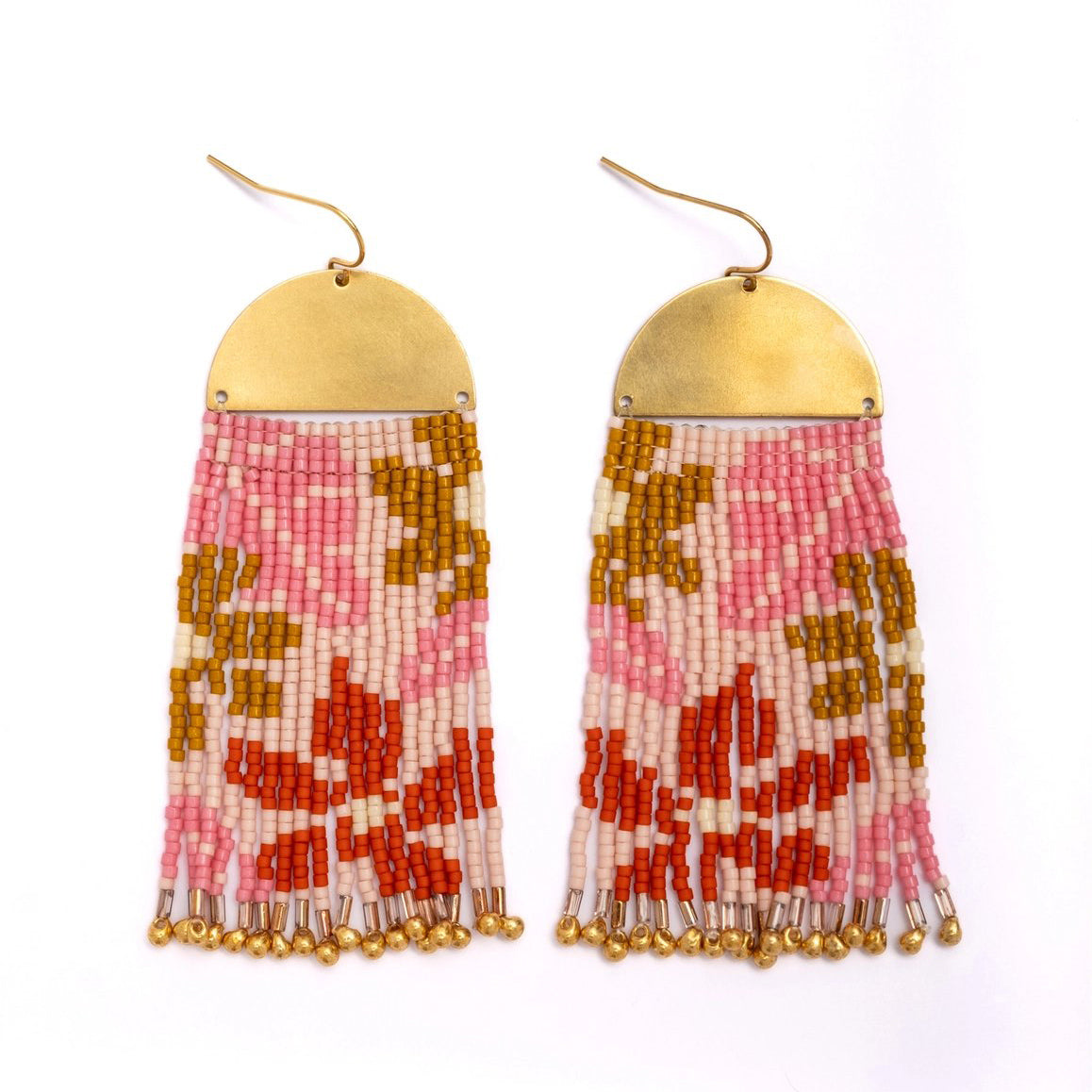 Beaded Handwoven Tropical Fringe Earrings - Pink/Mustard