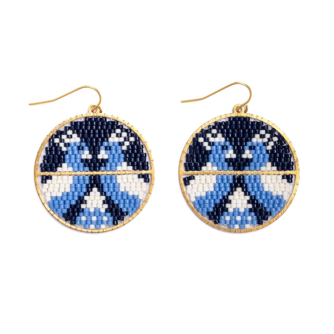 Beaded Handwoven Twin Bird Earrings - Blue/White