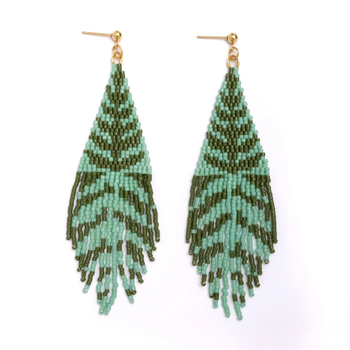 Beaded Handwoven Vine Fringe Post Earrings - Turquoise/Olive