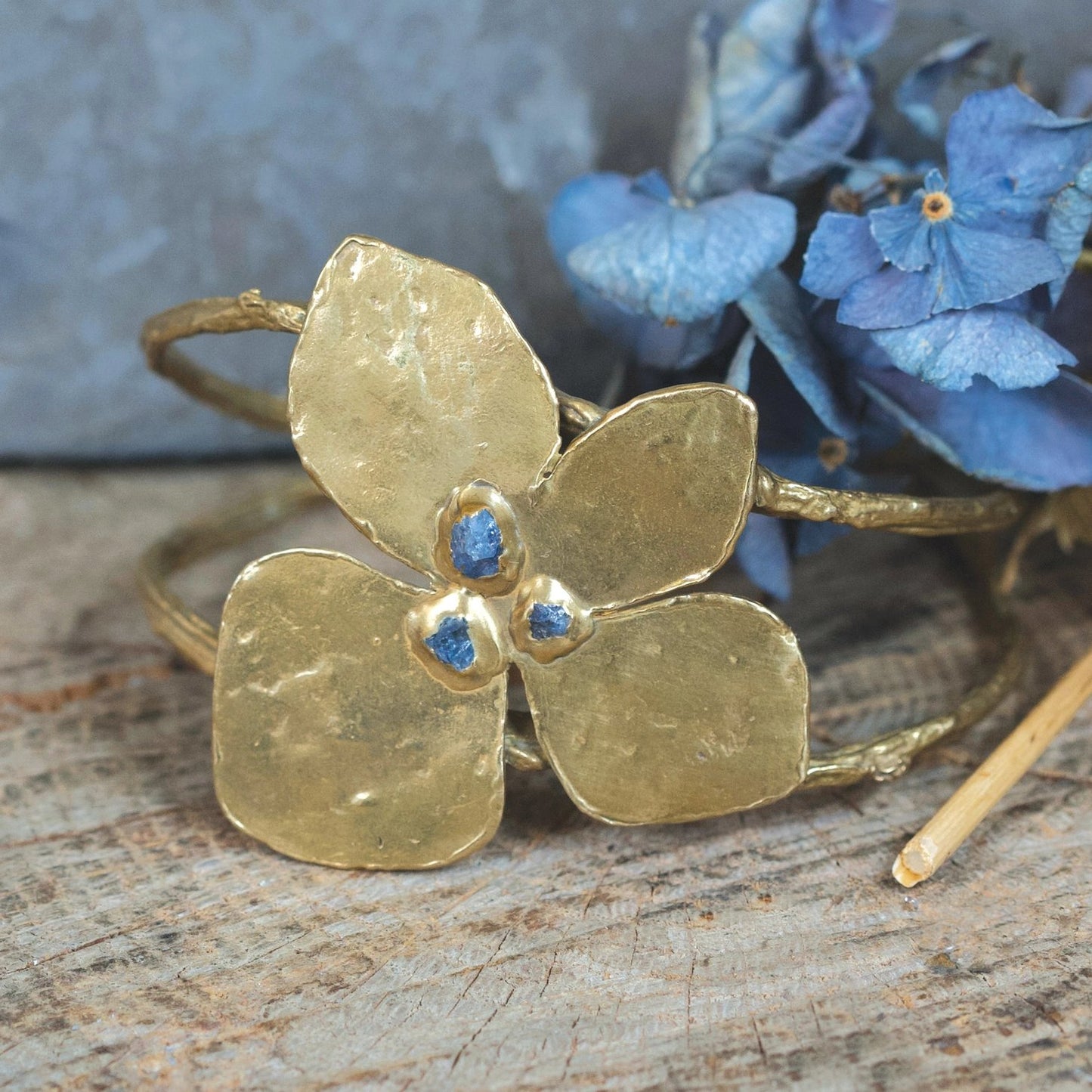 Brass Big Bloom Statement Cuff Bracelet with Raw Sapphires