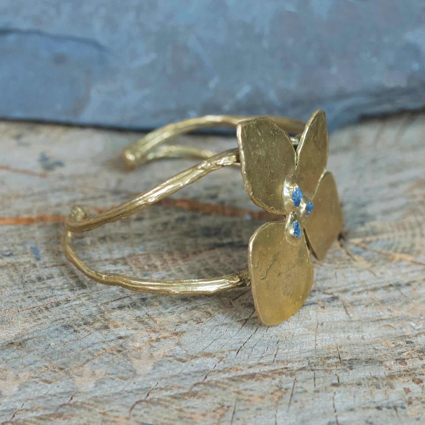 Brass Big Bloom Statement Cuff Bracelet with Raw Sapphires