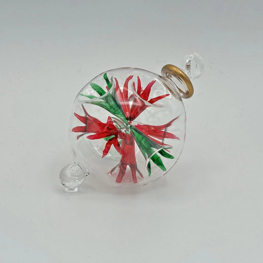 Hand-Blown Glass Small Ornament – Red + Green Blossoms
