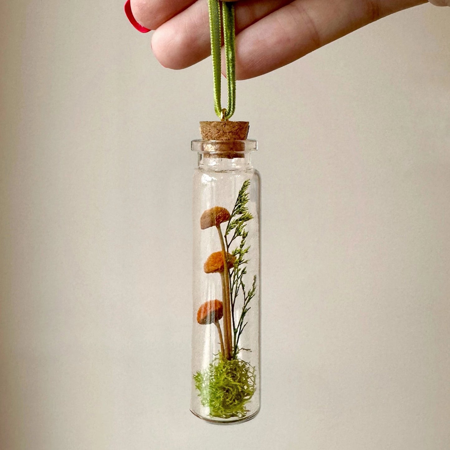 Mini Glass Terrarium Christmas Ornament - Orange Mushroom Fields