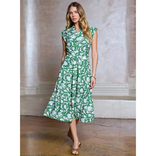 Floral Printed Button Down Midi Dress – Green