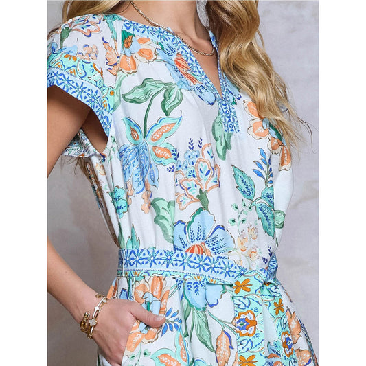 Floral Printed Belted Mini Dress – Blue Multi