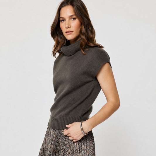 Turtleneck Short Sleeve Knit Sweater - Stone