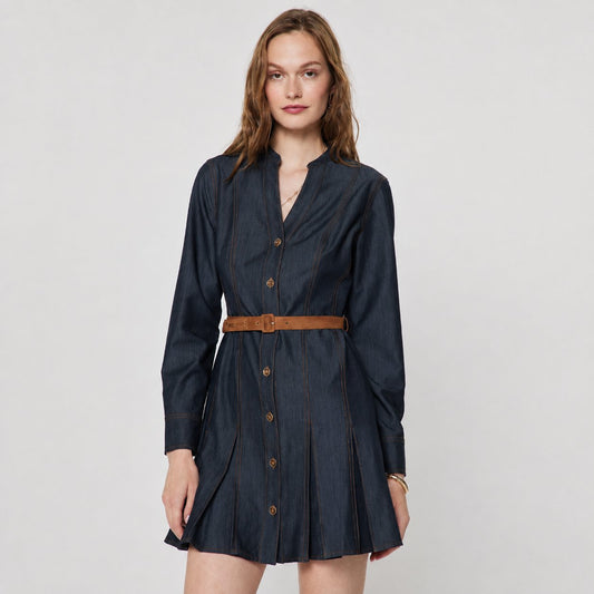 Dark Denim Belted Mini Shirt Dress