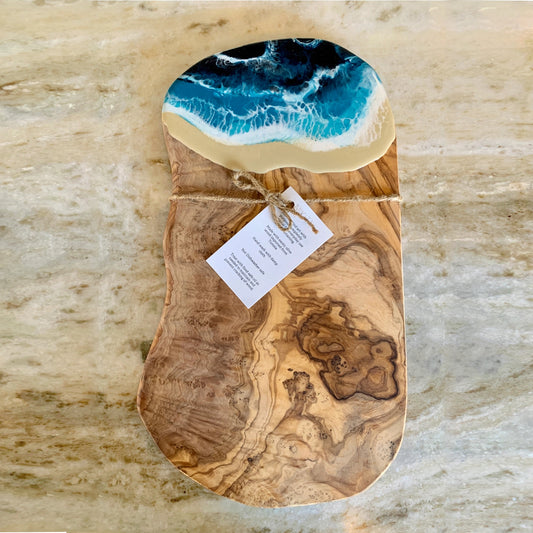 Olivewood Cheese / Charcuterie Board with Resin Accent - Ocean Blue