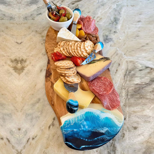 Olivewood Cheese / Charcuterie Board with Resin Accent - Ocean Blue