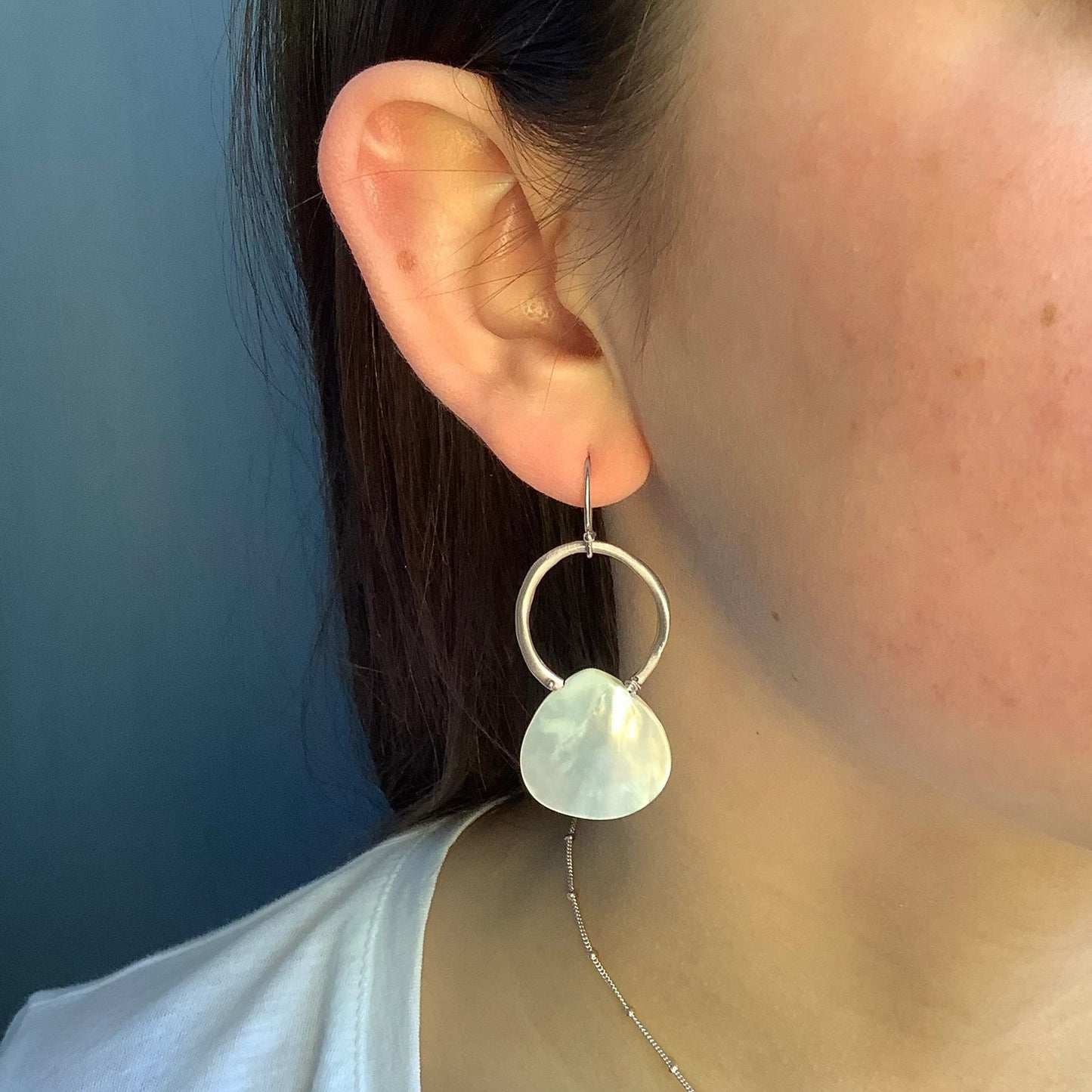Open Circle with Mother of Pearl Drop Earrings - Sterling Silver