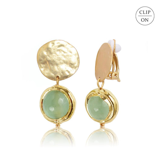 Hammered Disc with Sage Green Dangle Clip-On Earrings - Gold