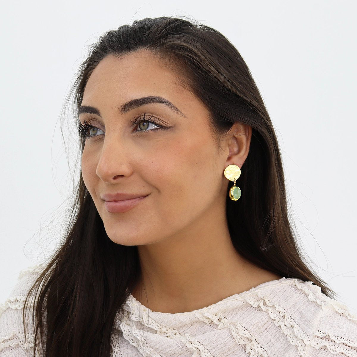Hammered Disc with Sage Green Dangle Clip-On Earrings - Gold