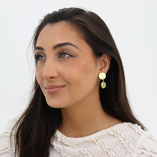 Hammered Disc with Sage Green Dangle Clip-On Earrings - Gold