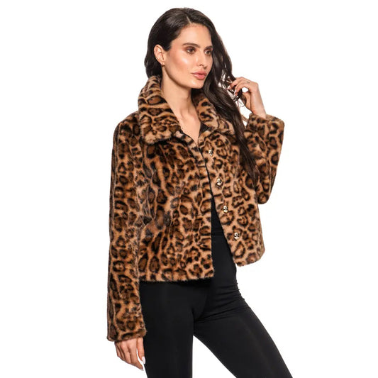 Cropped Faux Fur Leopard Jacket – Brown/Black
