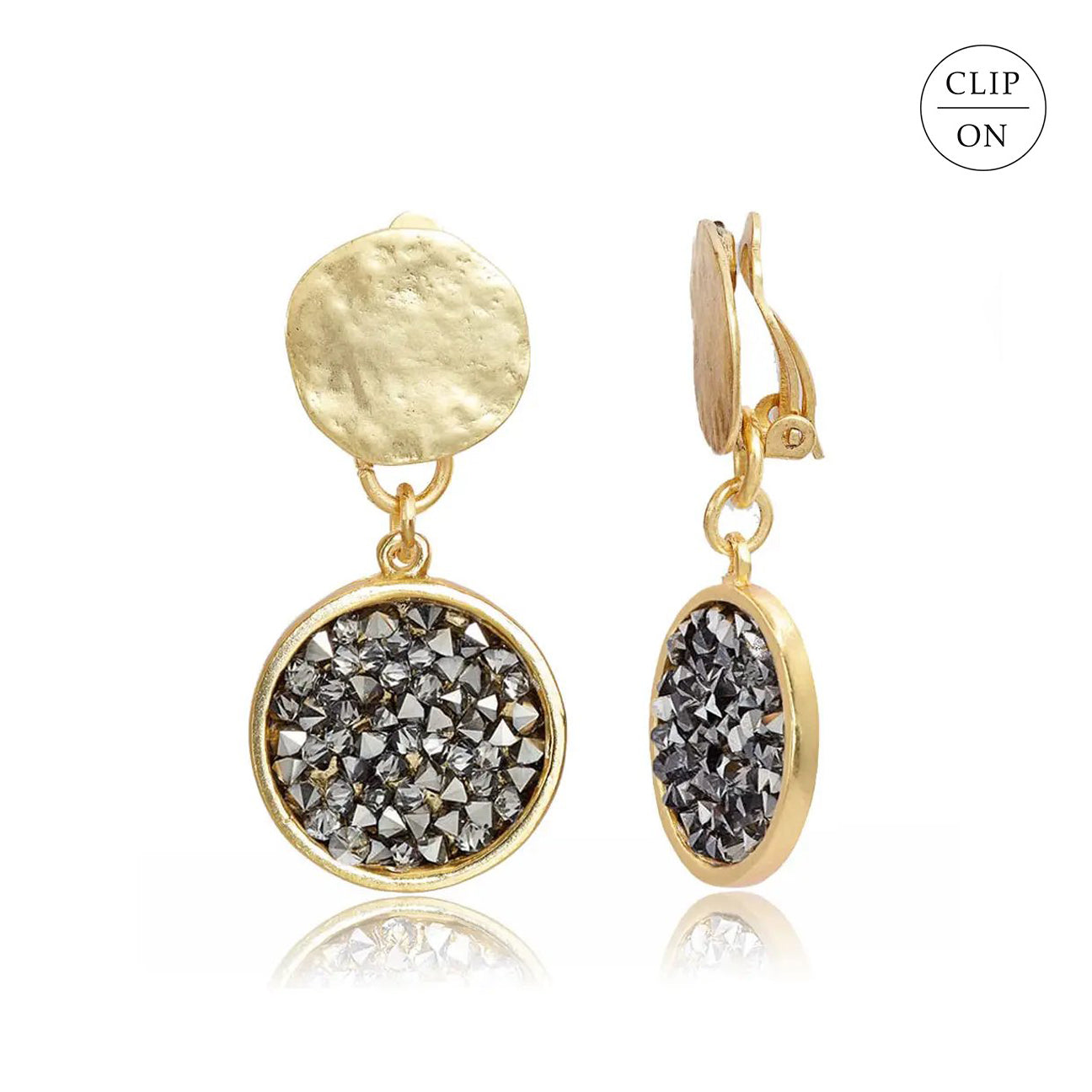 Black Crystal Cluster Drop Clip-On Earrings - Gold
