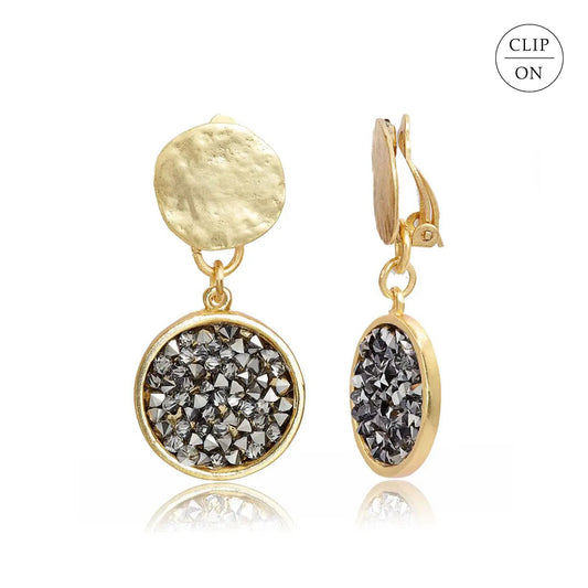 Black Crystal Cluster Drop Clip-On Earrings - Gold