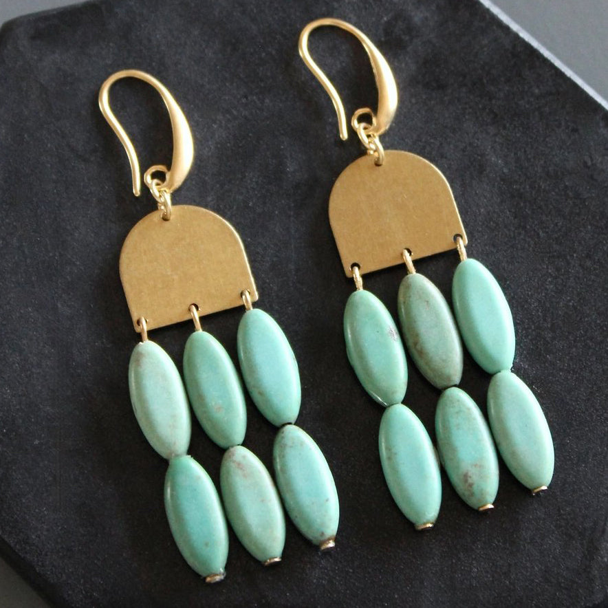 Turquoise + Geometric Brass Chandelier Earrings