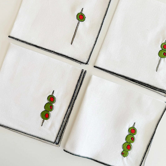 Embroidered Martini Olive Cocktail Napkins (Set of 4)