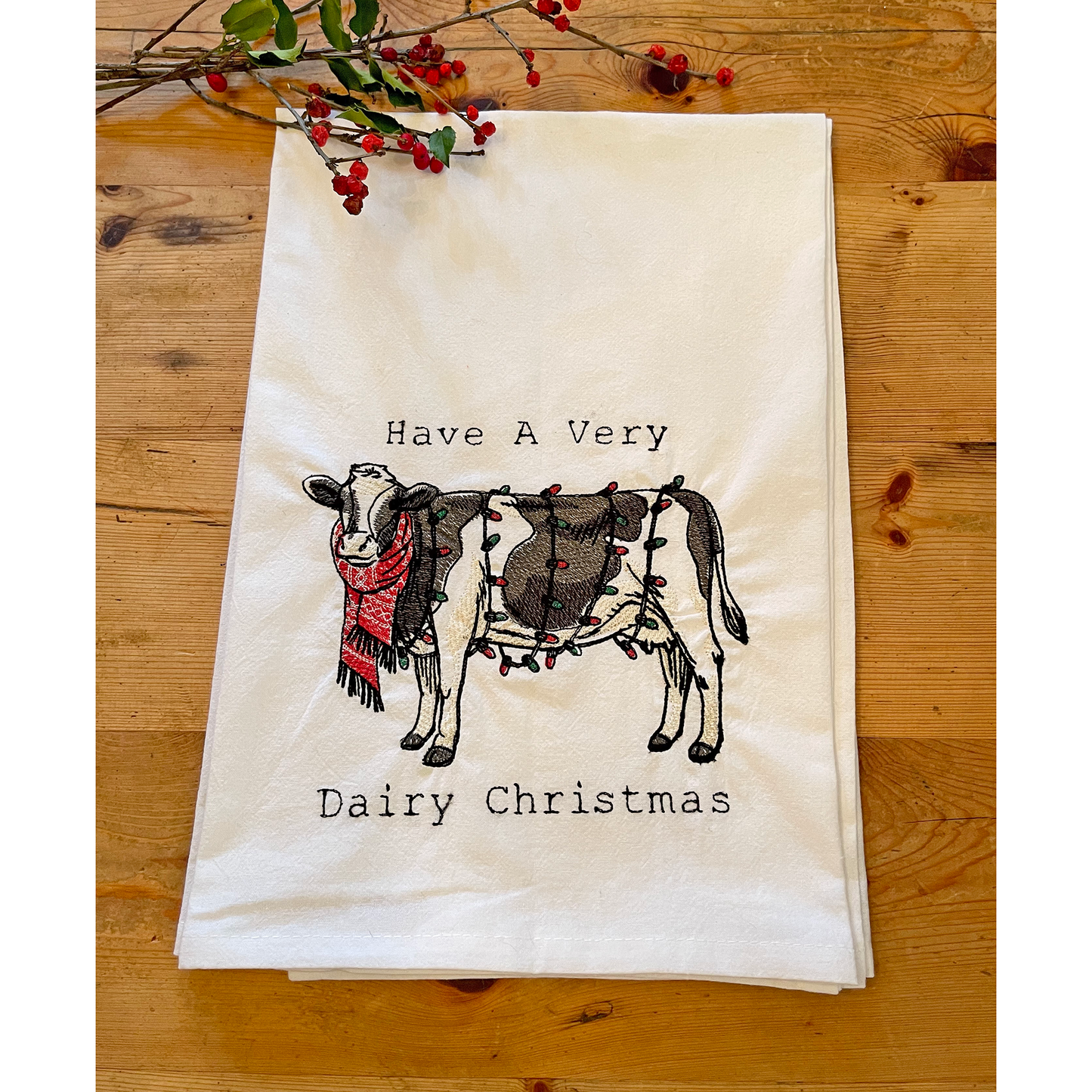 Dairy Christmas - Embroidered Flour Sack Kitchen Towel