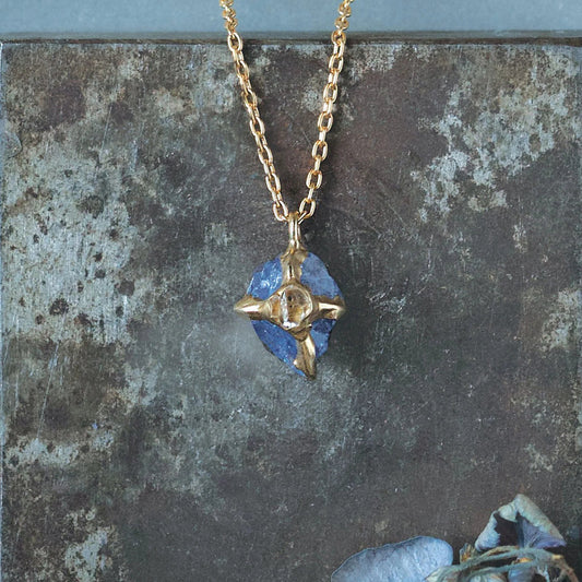 Brass + Tanzanite ‘Interflora’ Pendant Necklace with Herkimer Diamond