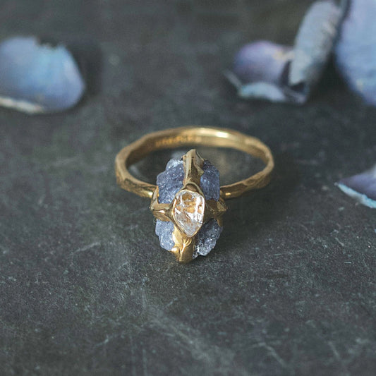Brass + Tanzanite ‘Interflora’ Ring with Herkimer Diamond