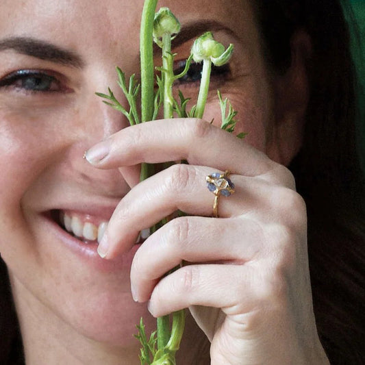Brass + Tanzanite ‘Interflora’ Ring with Herkimer Diamond