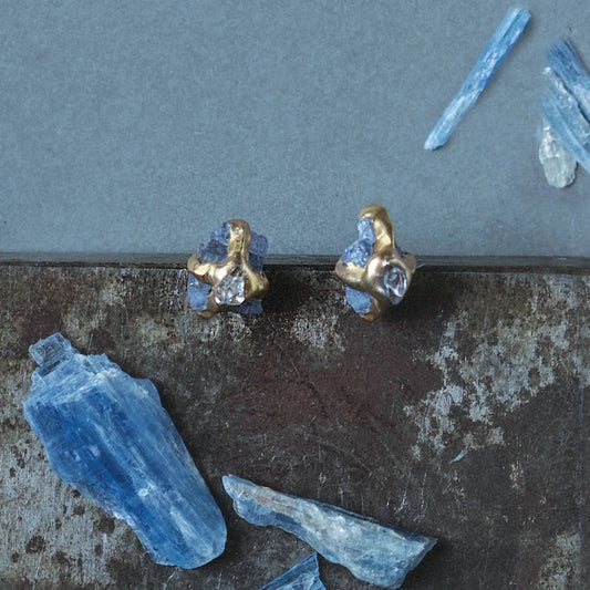 Brass + Tanzanite ‘Interflora’ Stud Earrings with Herkimer Diamond