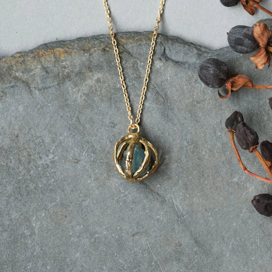 Brass + Aquamarine ‘Seed Pod’ Pendant Necklace