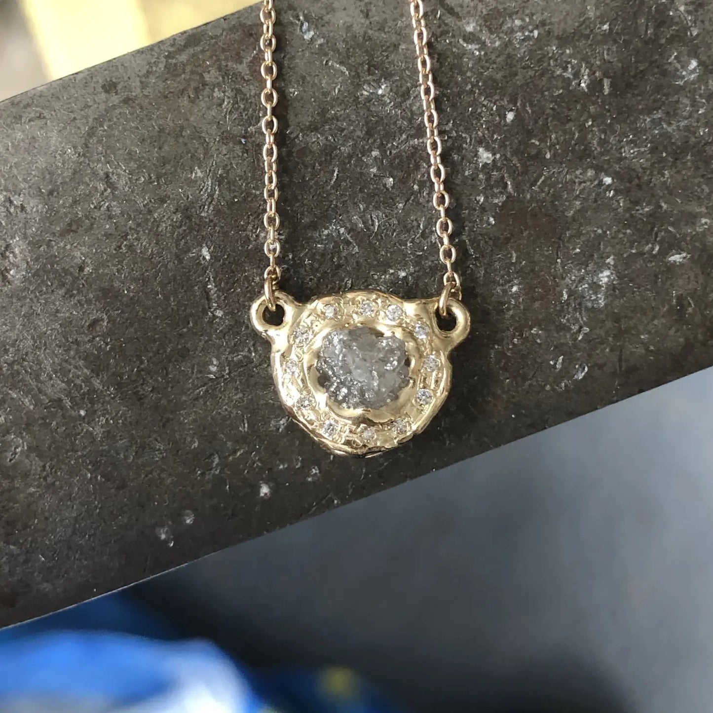 14k Gold Pendant Necklace with Raw Grey Diamond + Cut White Diamond Halo