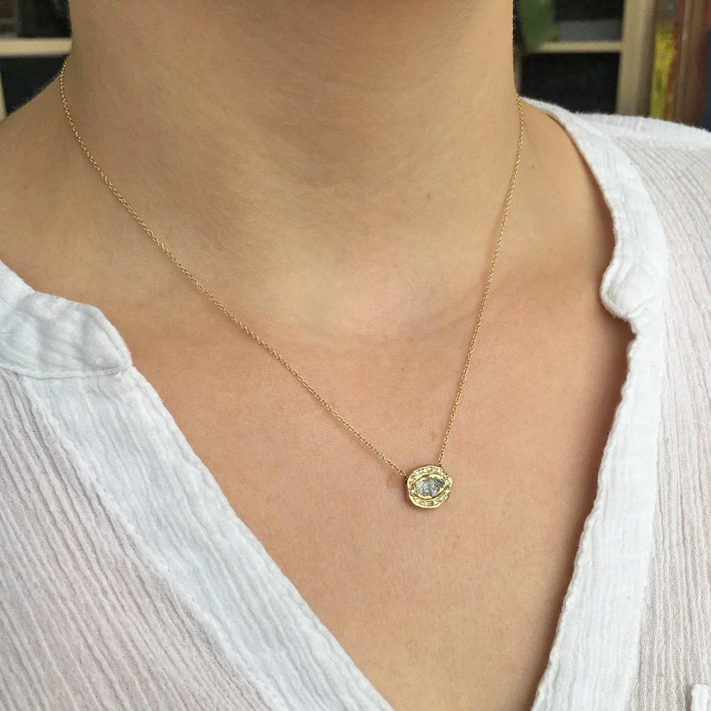 14k Gold Pendant Necklace with Raw Grey Diamond + Cut White Diamond Halo