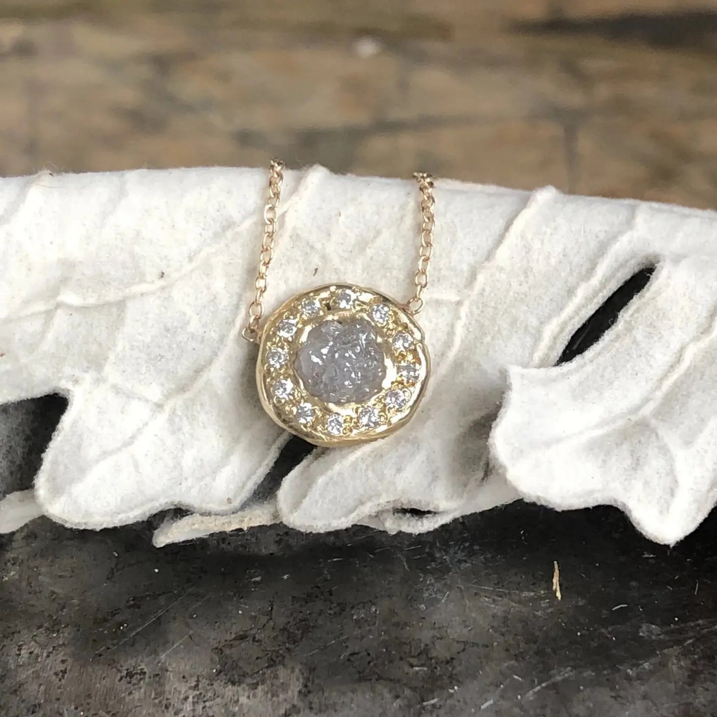14k Gold Pendant Necklace with Raw Grey Diamond + Cut White Diamond Halo