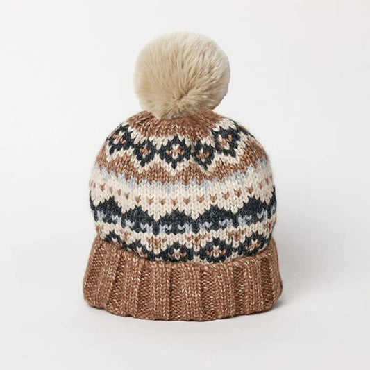 Fair Isle Beanie with Pom - Brown