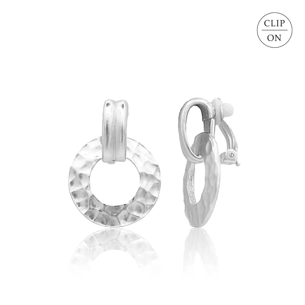 Flat Hammered Circle Clip-On Door Knocker Earrings - Silver
