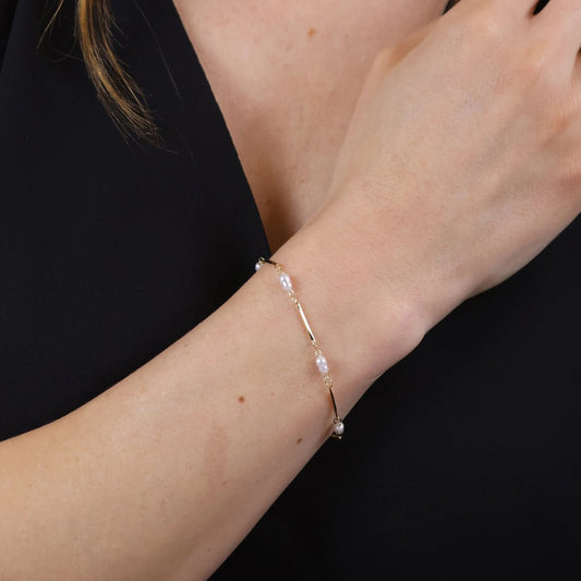 Pearl Bead + Straw Link Bracelet - Gold Fill