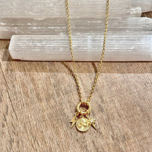 Rolo Chain Necklace with Carabiner + 3 Charms – Gold Filled