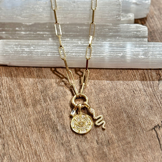 Paperclip Chain Necklace with Carabiner + 3 Charms – Gold Filled