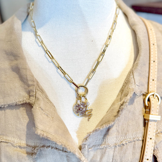 Paperclip Chain Necklace with Carabiner + 3 Charms – Gold Filled