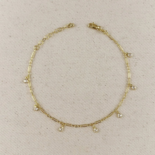 Gold Filled Paperclip Chain with Bezel CZ Drops Anklet
