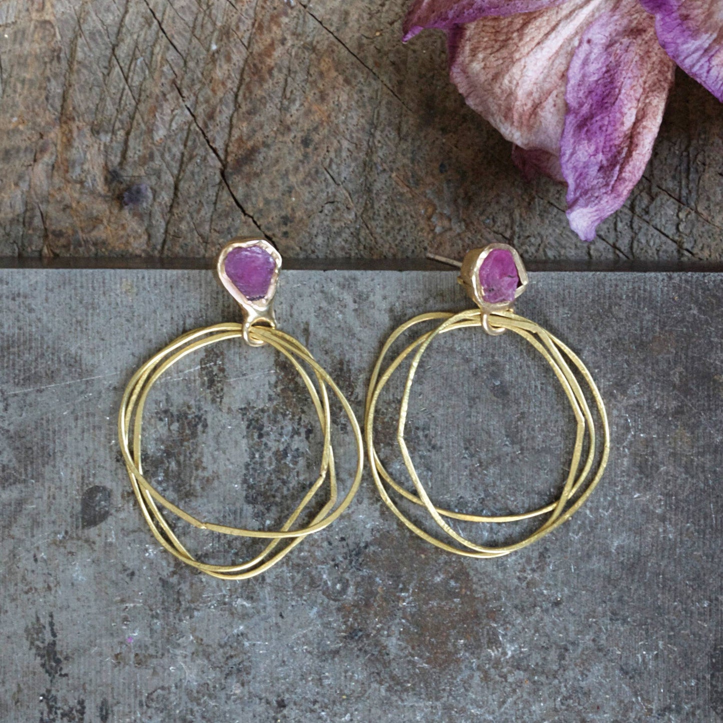 Guardian Brass Hoop Earrings with Raw Rubies