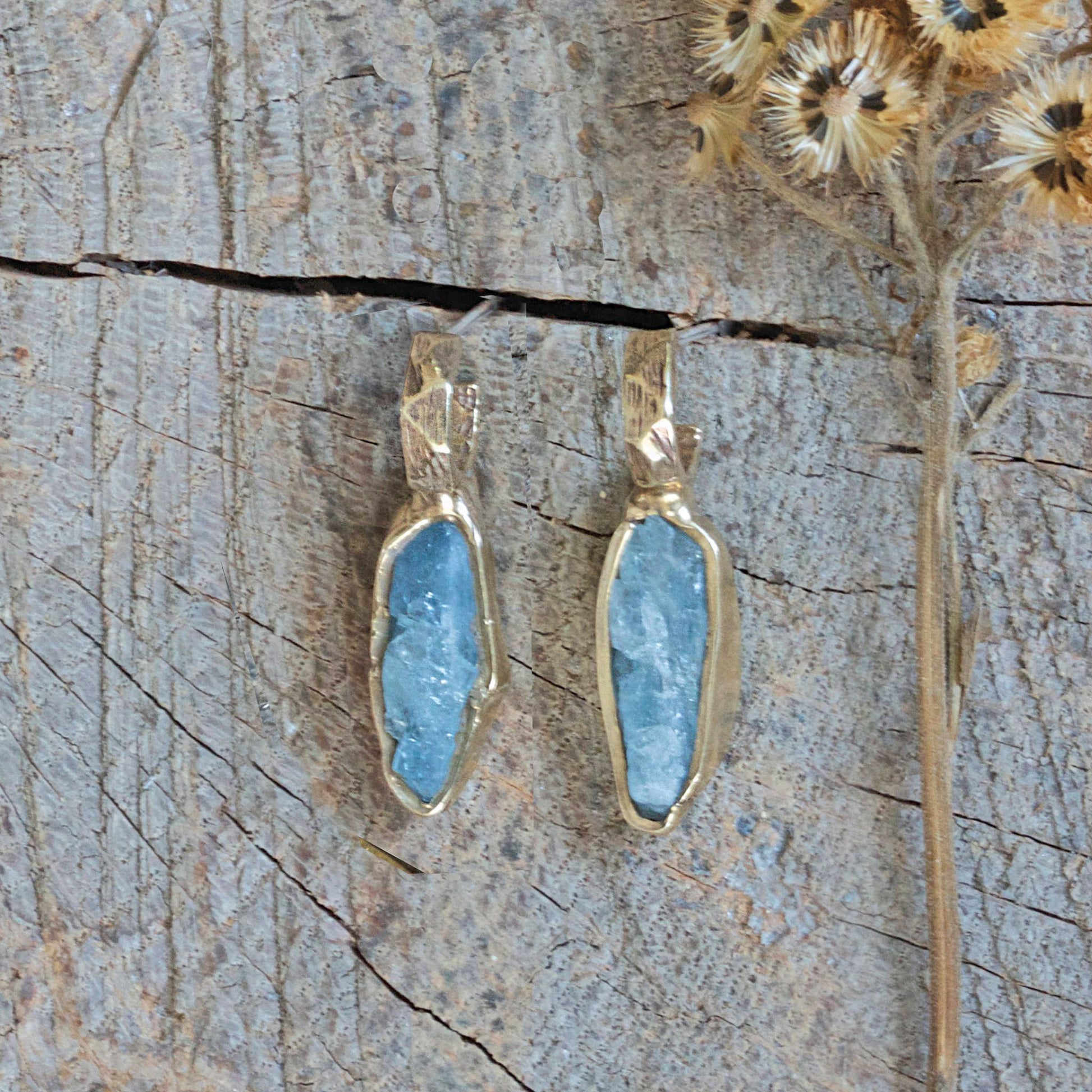 Guardian Brass Huggie Post Earrings with Raw Aquamarine