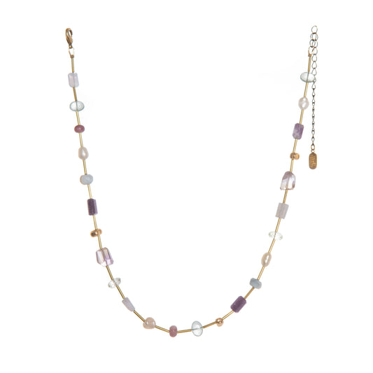 Multi-Color Gemstone, Pearl + Brass Necklace