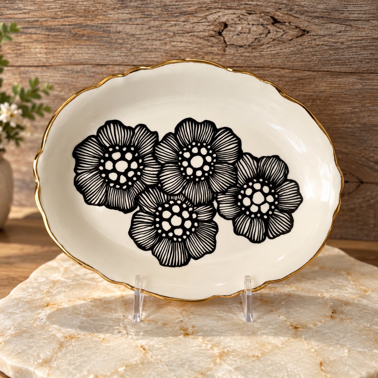 Handmade Floral Ceramic Platter with 22k Gold Luster