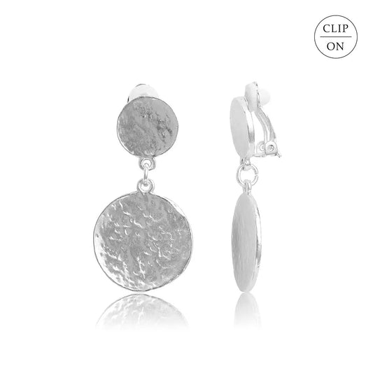 Hammered Flat Coin Drop Clip-On Earrings - Silver