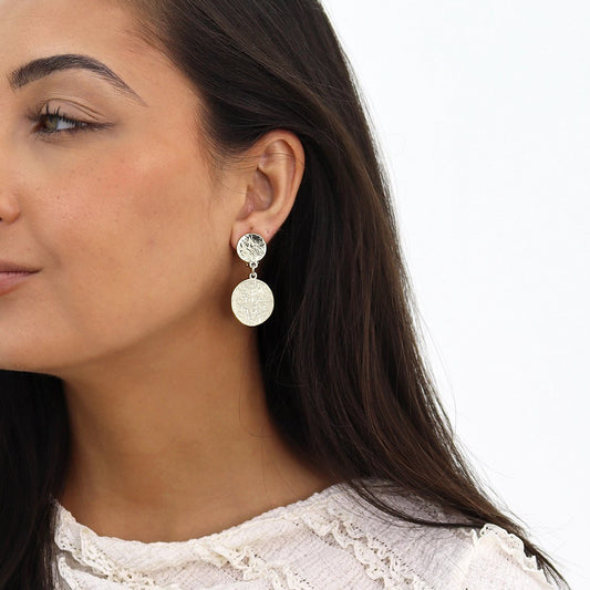 Hammered Flat Coin Drop Clip-On Earrings - Silver