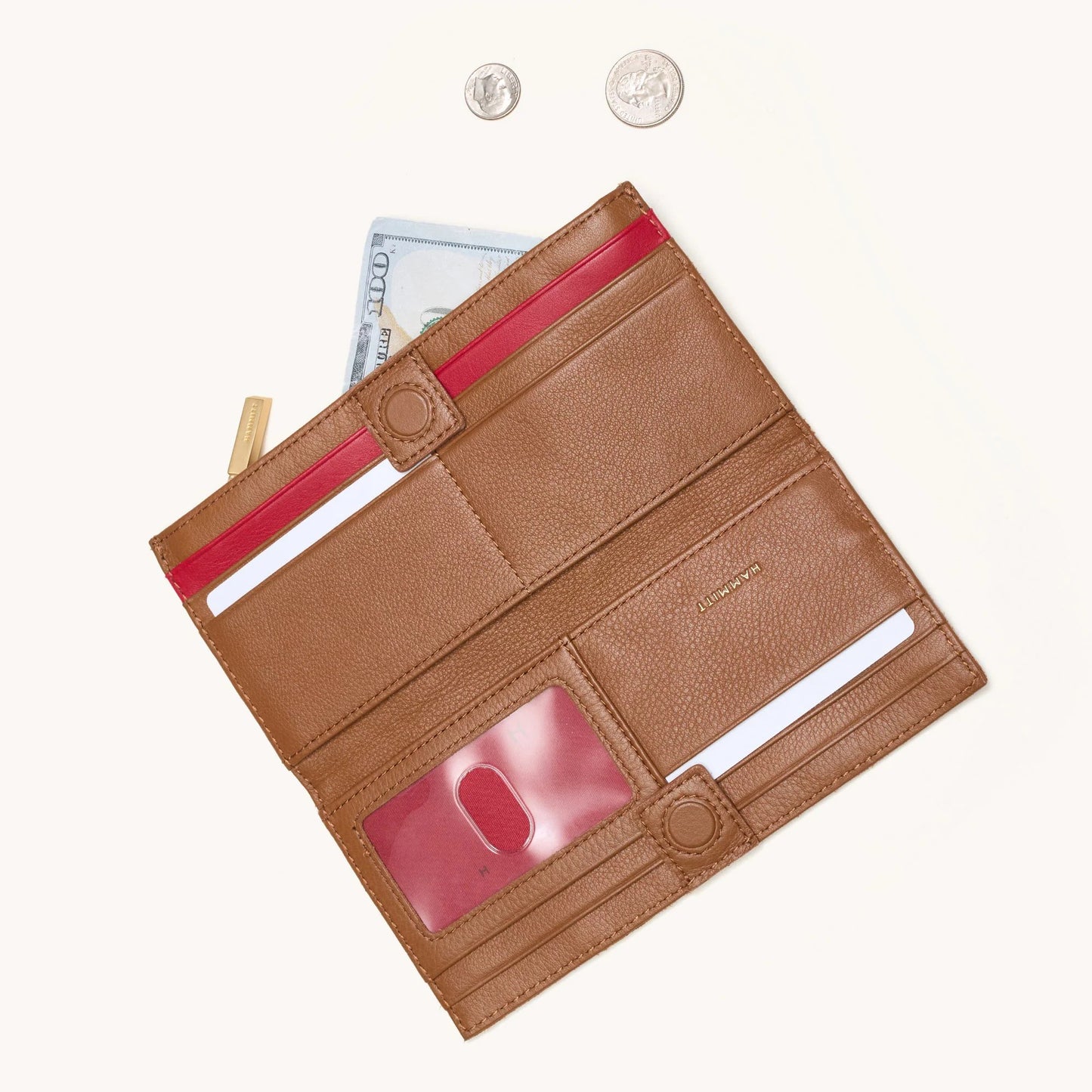 Hammitt 110 North Wallet - Mahogany Pebble/Brushed Gold with Red Zip