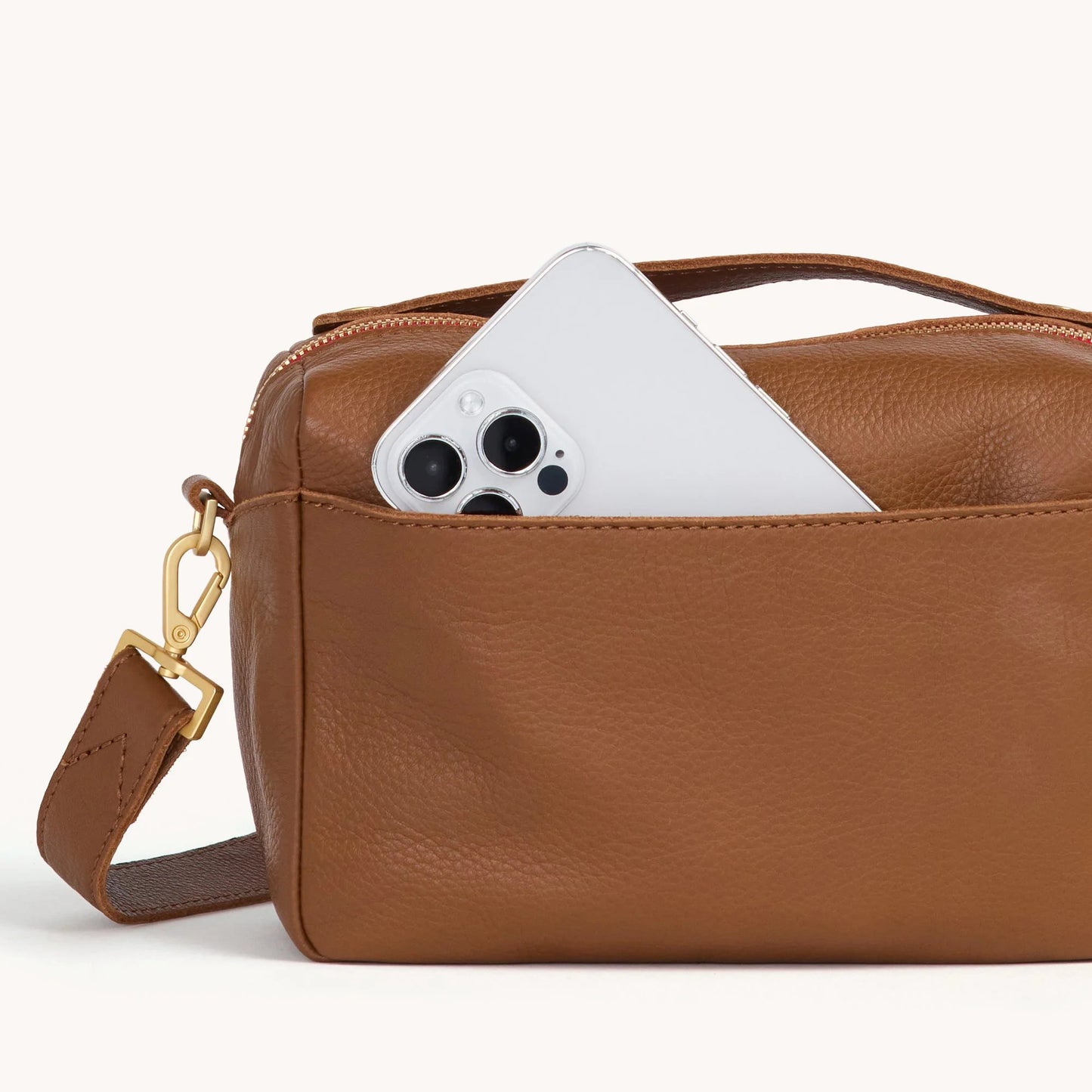 Hammitt Evan Crossbody Bag - Mahogany Pebble/Brushed Gold with Red Zip