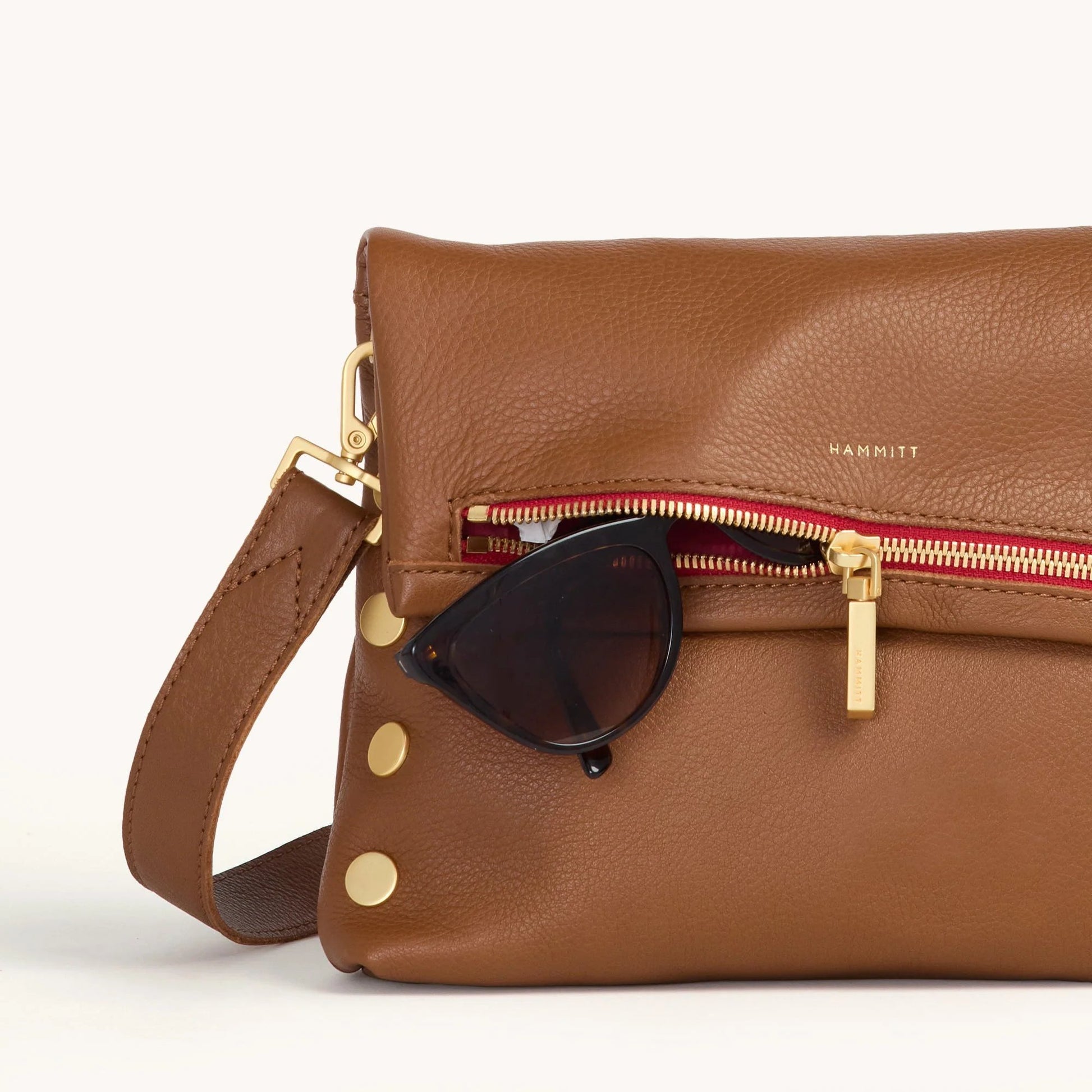 Hammitt VIP Medium Crossbody Bag - Mahogany Pebble/Brushed Gold with Red Zip