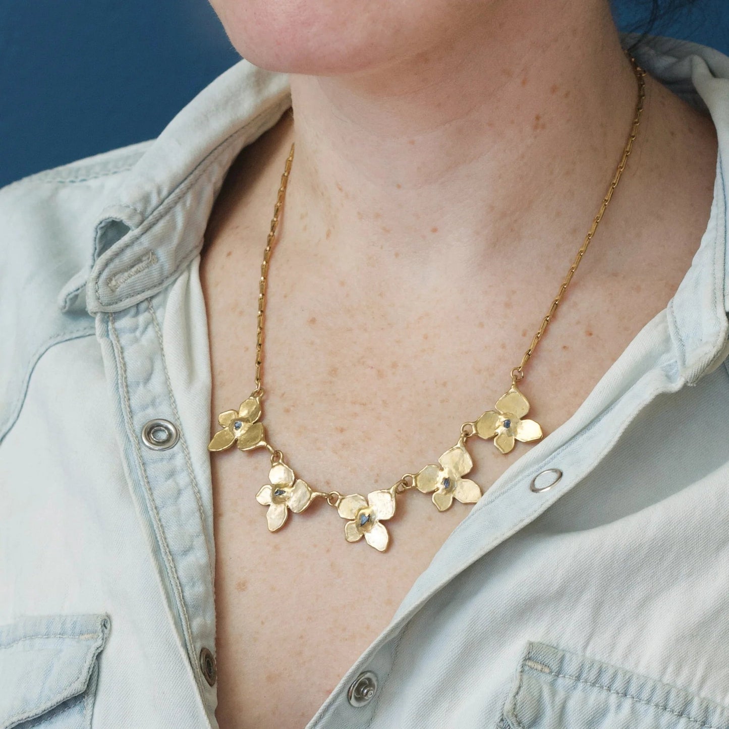 Brass Hydrangea Necklace with Raw Sapphires