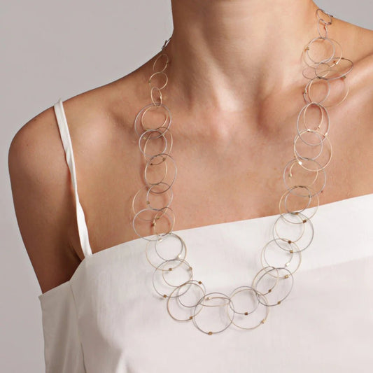 3-D Woven Cable 'Interlocking Circles' Statement Necklace – Steel + Gold Two-Tone/Gold + Silver
