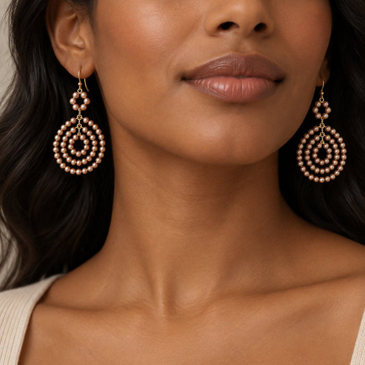 Champagne Pearl Bead Concentric Ring Dangle Earrings